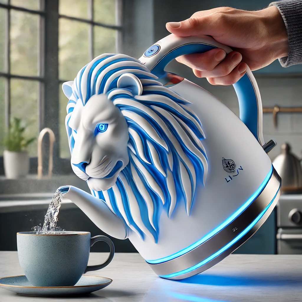 A modern lion-shaped electric kettle with a blue LED glow, dispensing hot water into a ceramic mug.