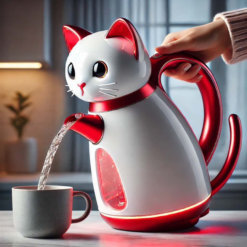 Japanese lucky cat kettle in red and white.