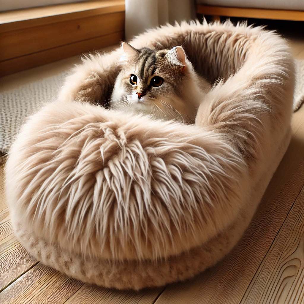 A neutral beige slipper-style cat bed with a fluffy cat inside, blending seamlessly into modern interiors.