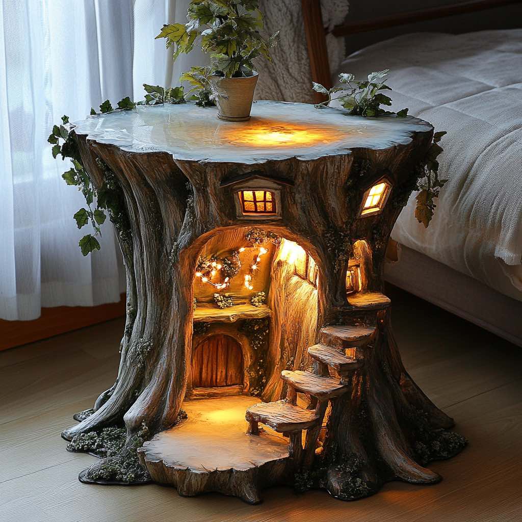 A tree stump table with intricate steps leading to a glowing miniature cottage, perfect for magical home decor.