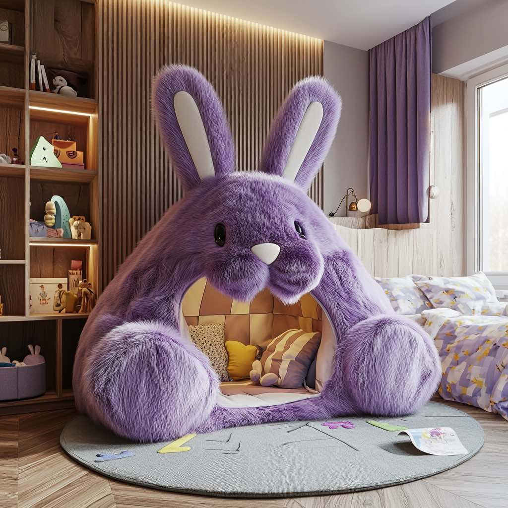 A whimsical purple bunny-shaped plush nest with a soft cushioned interior, set in a playful and colourful bedroom.
