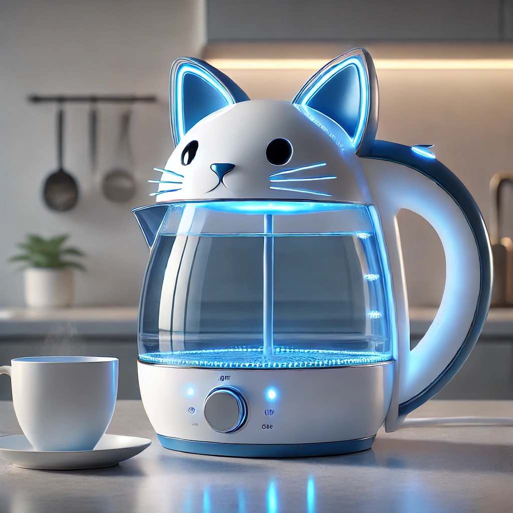 A blue LED cat-themed electric kettle glowing on a modern kitchen counter.