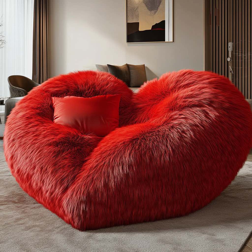 A striking red faux fur love seat in a contemporary home, adding warmth and passion to the decor.