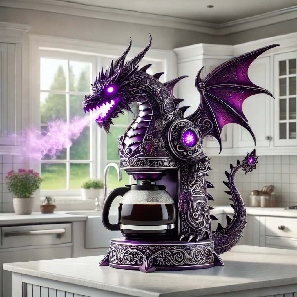 Purple dragon coffee maker with luminous purple eyes and magical steam effect in a modern kitchen.