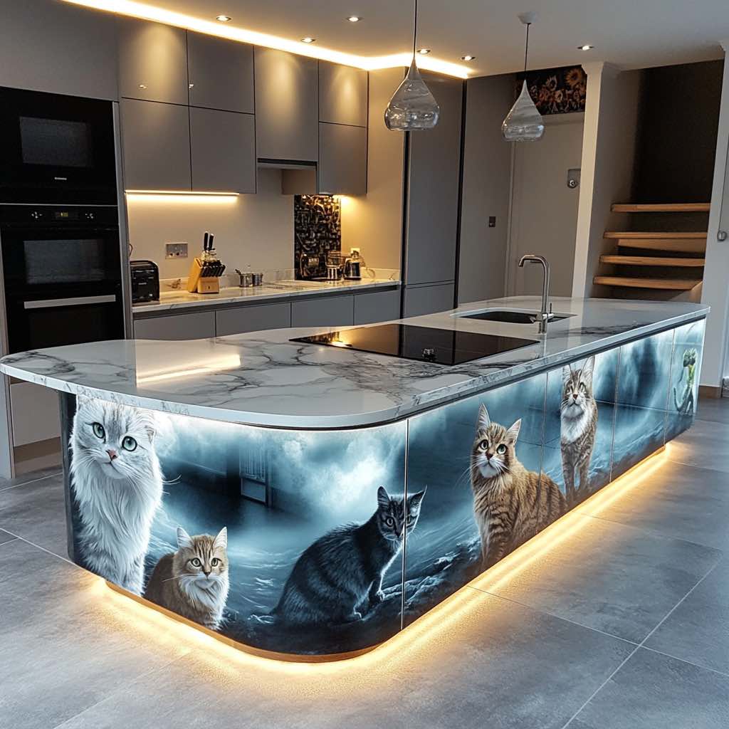A sleek kitchen featuring a marble island with hyper-realistic cat art and glowing base lighting.