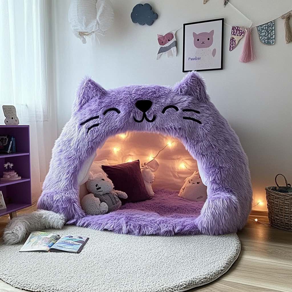 A lavender-coloured fluffy cat cave with fairy lights, plush toys, and pillows for a cosy experience.