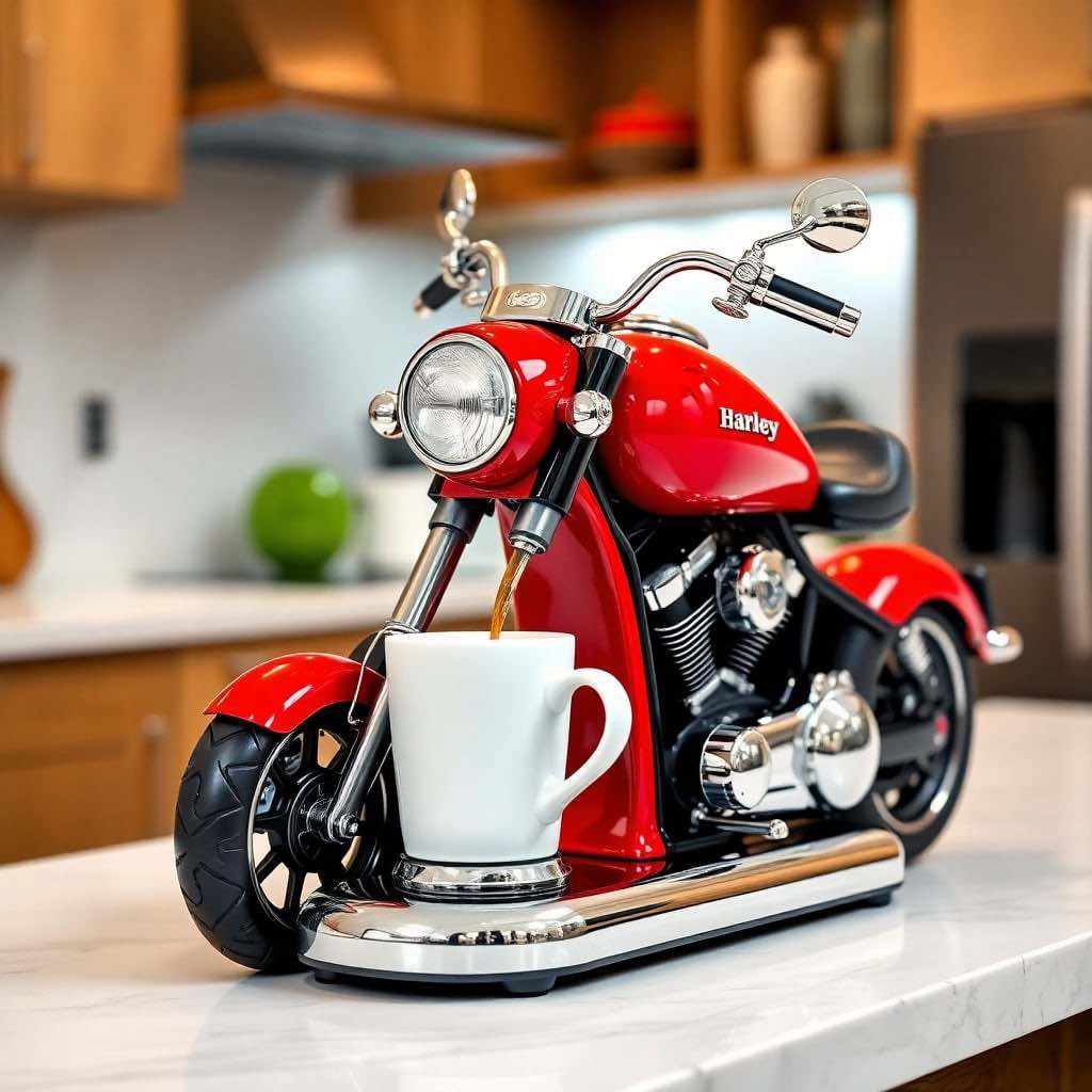 A bold red Harley-Davidson-inspired coffee maker dispensing fresh espresso into a white mug.