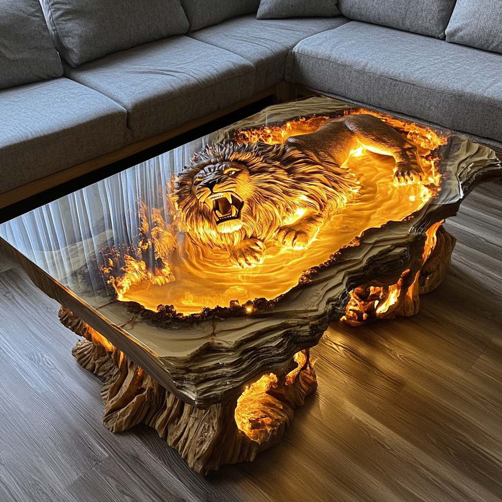Bold coffee table featuring a roaring lion surrounded by fiery colours and illuminated base.