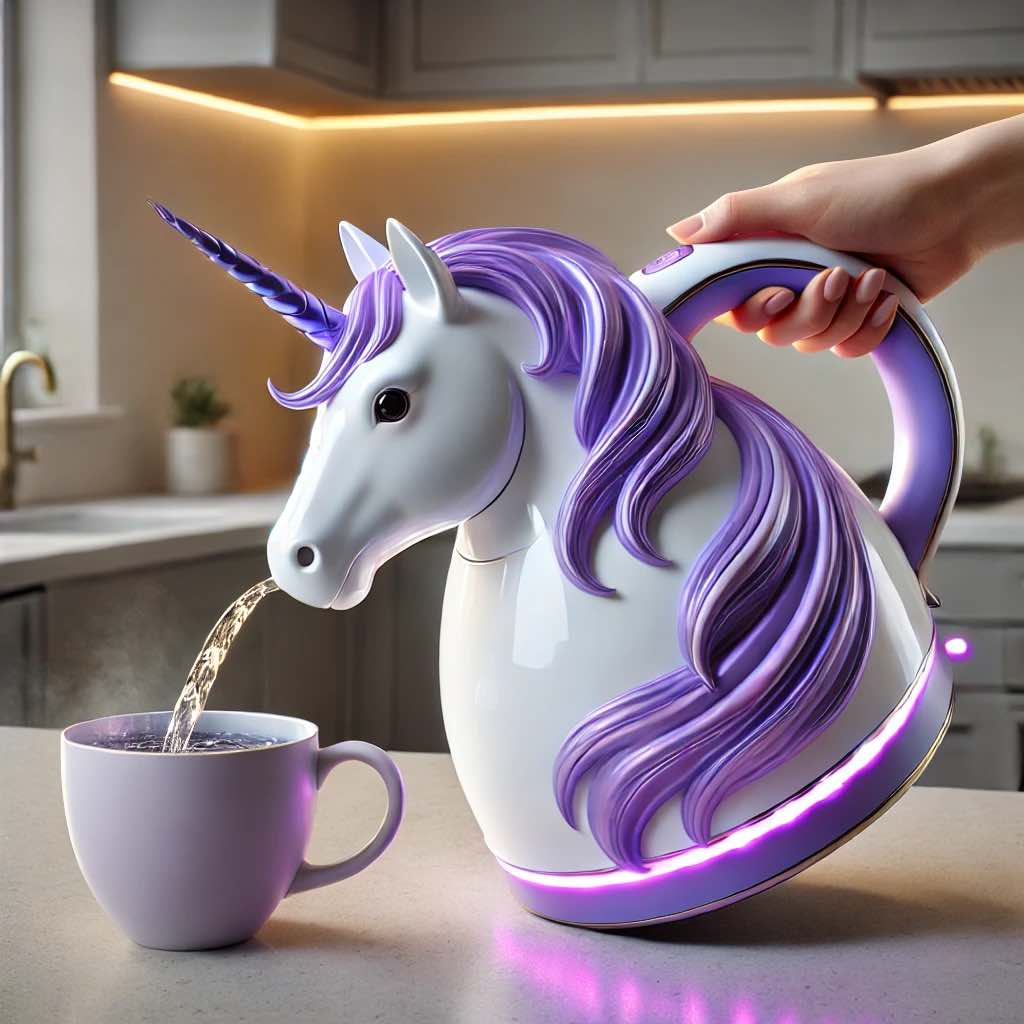 A purple unicorn kettle pouring steaming water into a mug in a beautifully lit kitchen.