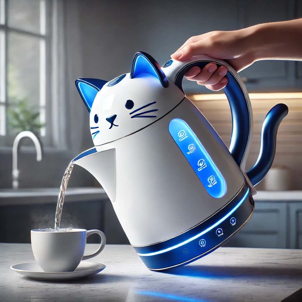 High-tech blue cat kettle with LED settings."