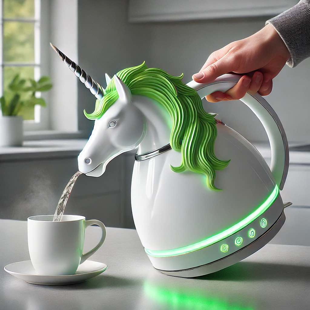 A green unicorn kettle with a magical glow, making tea time a whimsical experience.