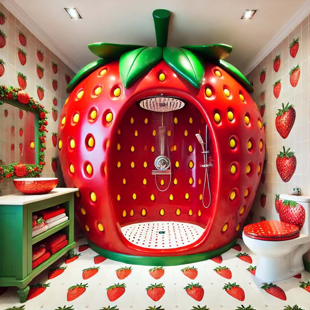 A strawberry-shaped shower enclosure in a vibrant red and green bathroom with themed decor