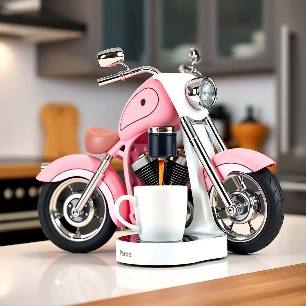 A pink motorcycle-shaped coffee maker brewing espresso, designed with vintage aesthetics and chrome accents.