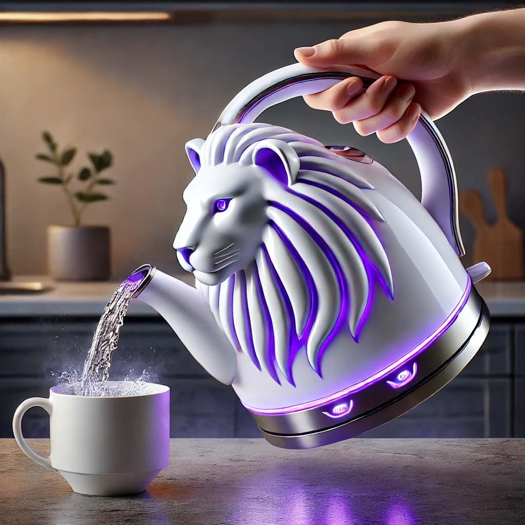 White lion-themed kettle with purple LED lighting, pouring steaming water into a cup in a dimly lit kitchen.