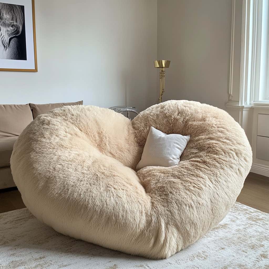 A beige heart-shaped faux fur love seat in a stylish modern living room with minimalist decor.