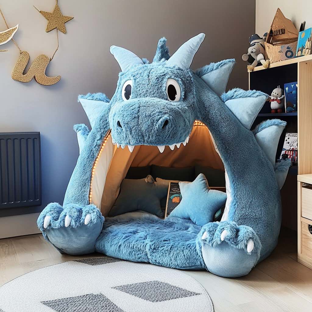 A plush blue dragon-shaped bed with a glowing interior, creating a cosy reading and sleeping nook for children.