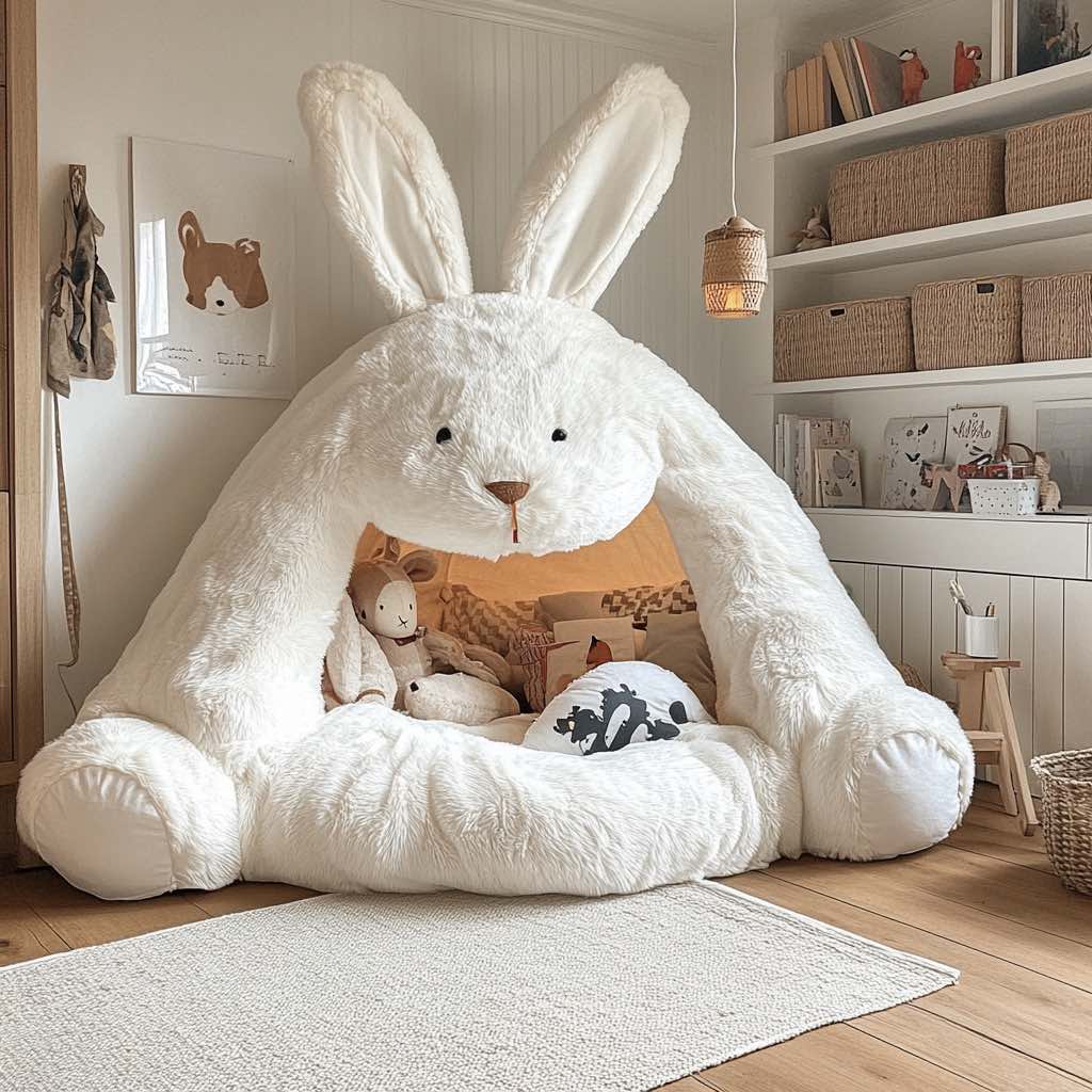 A white bunny-shaped plush nest with soft pillows and stuffed animals, making a charming reading nook.
