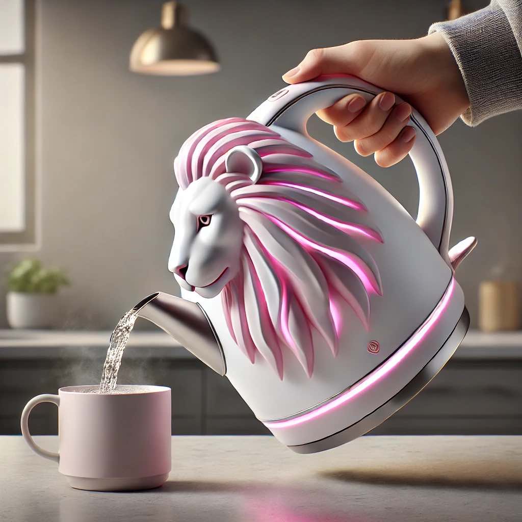 A white electric kettle with a lion’s head design, glowing pink, as it pours hot water into a pink mug.
