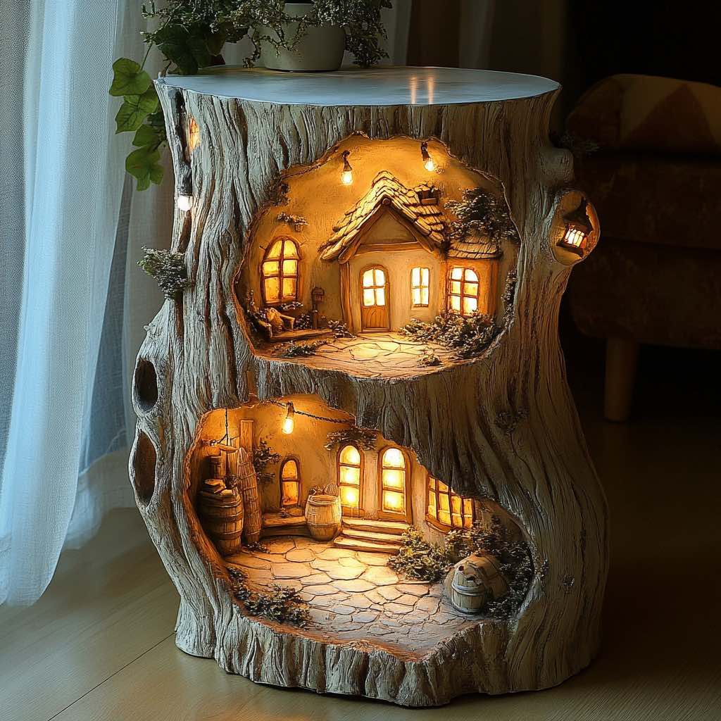 A multi-level tree stump table featuring a glowing village scene with tiny homes and pathways.