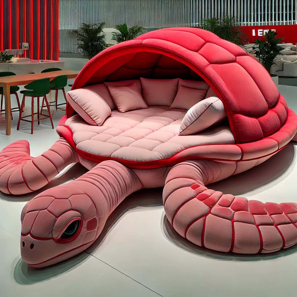 A striking red turtle sofa with a soft cushioned design, ideal for vibrant and eclectic interiors.