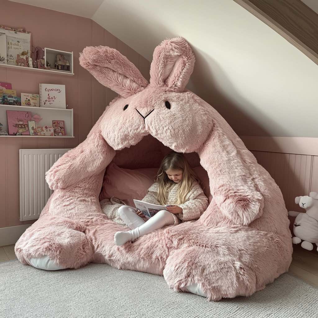 A young girl reading inside a pink oversized plush bunny nest, surrounded by a cosy pastel-themed room.
