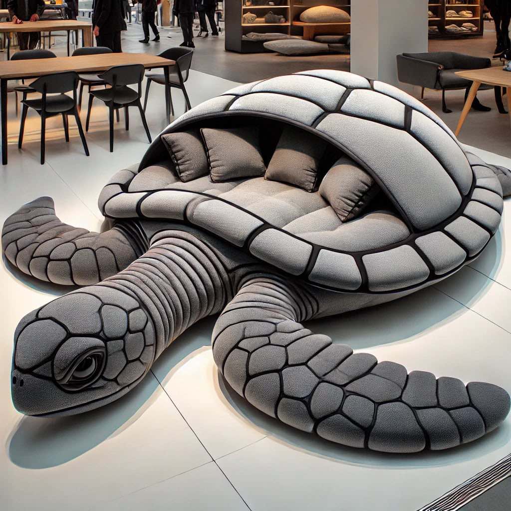 A stylish grey turtle-shaped sofa designed for contemporary interiors, combining elegance with playful design.
