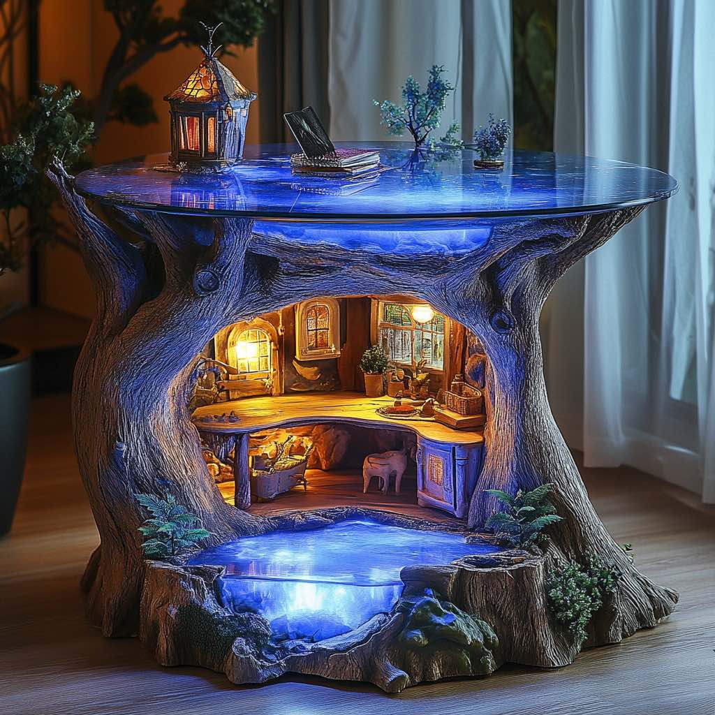 A glowing miniature table with a blue-themed top and a magical treehouse design complete with tiny animals.