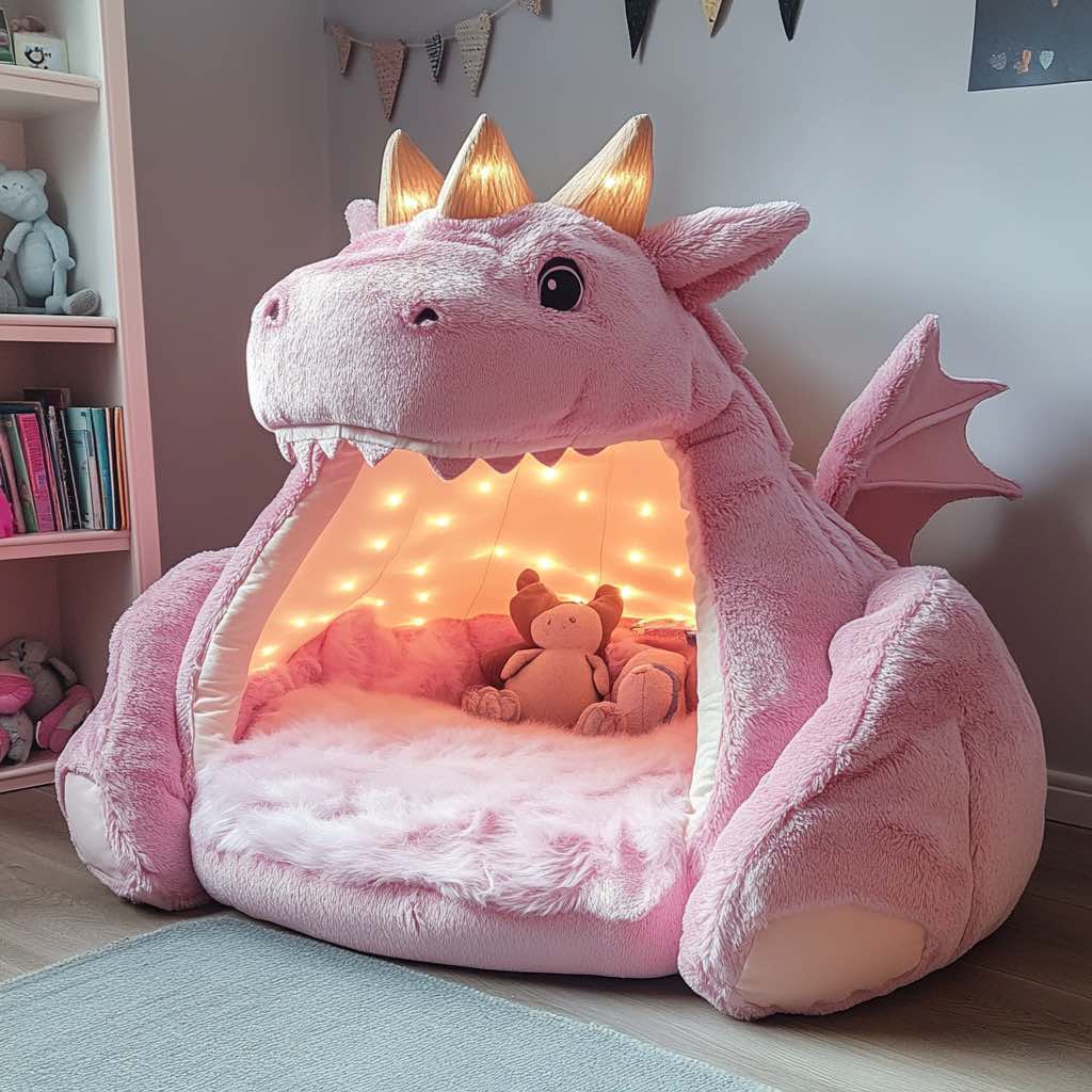 A soft pink plush dragon-shaped bed with fairy lights, creating a dreamy and magical sleeping space.