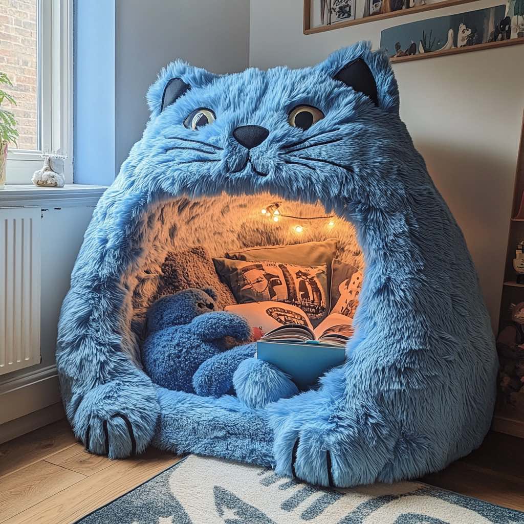 A blue plush cat-shaped reading nook with fairy lights, soft cushions, and a teddy bear inside.
