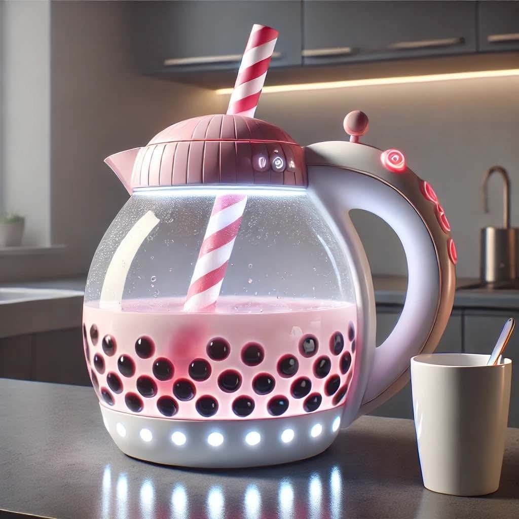  A pastel pink bubble tea kettle with a glowing base, striped straw, and tapioca pearls inside.