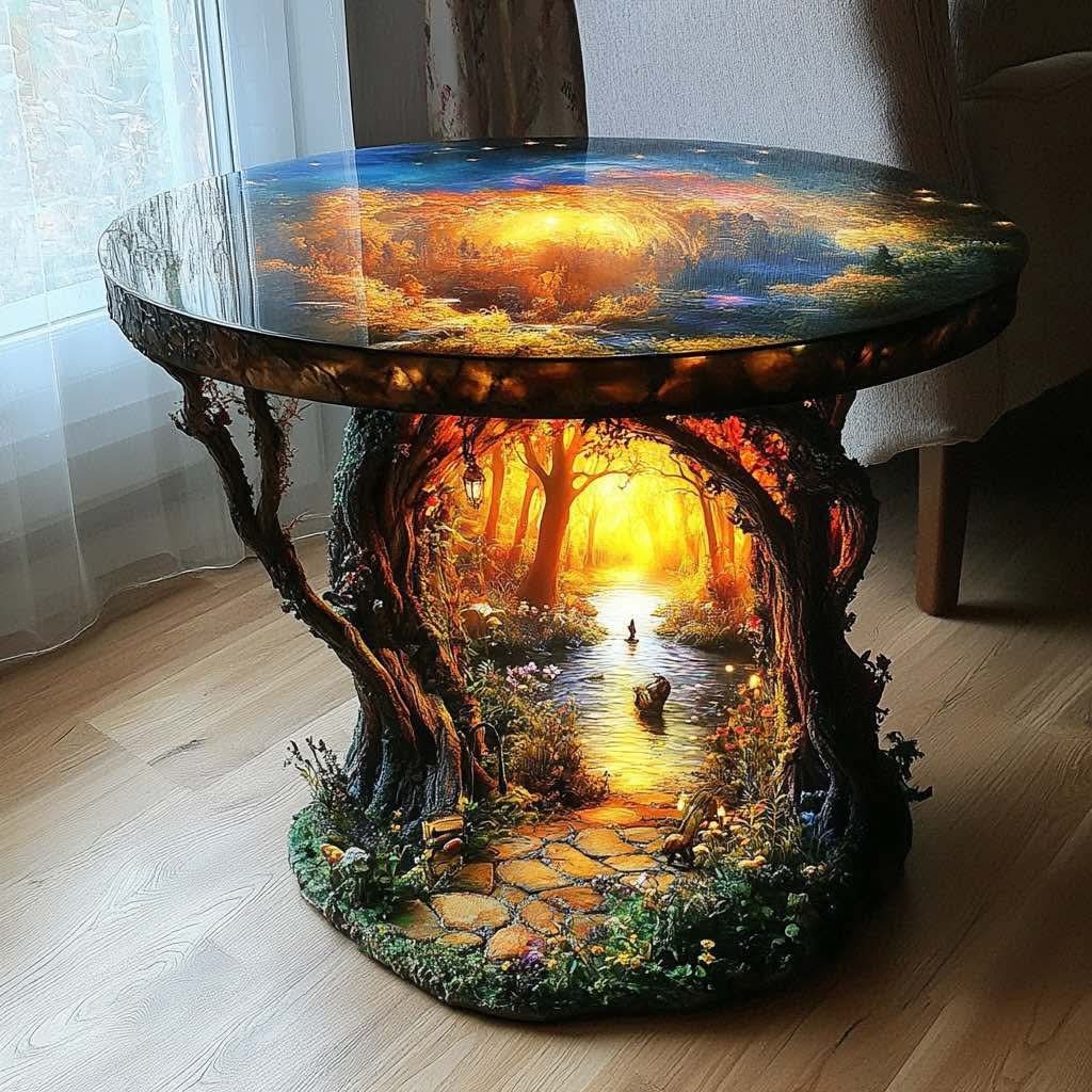  A round coffee table showcasing a glowing riverside scene with ducks and a tree archway.