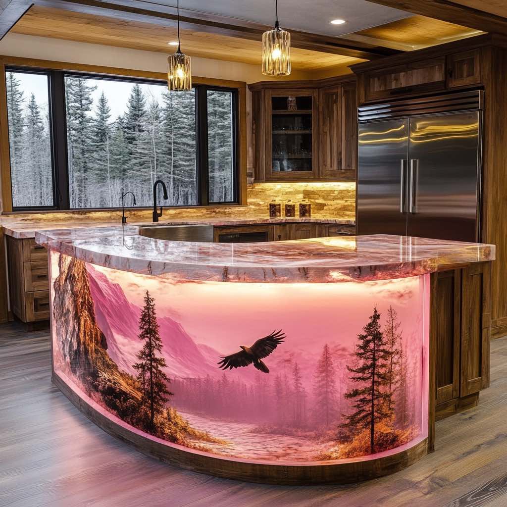 Rustic kitchen island featuring a sunset landscape design, enhanced by soft LED lighting and wooden accents. 