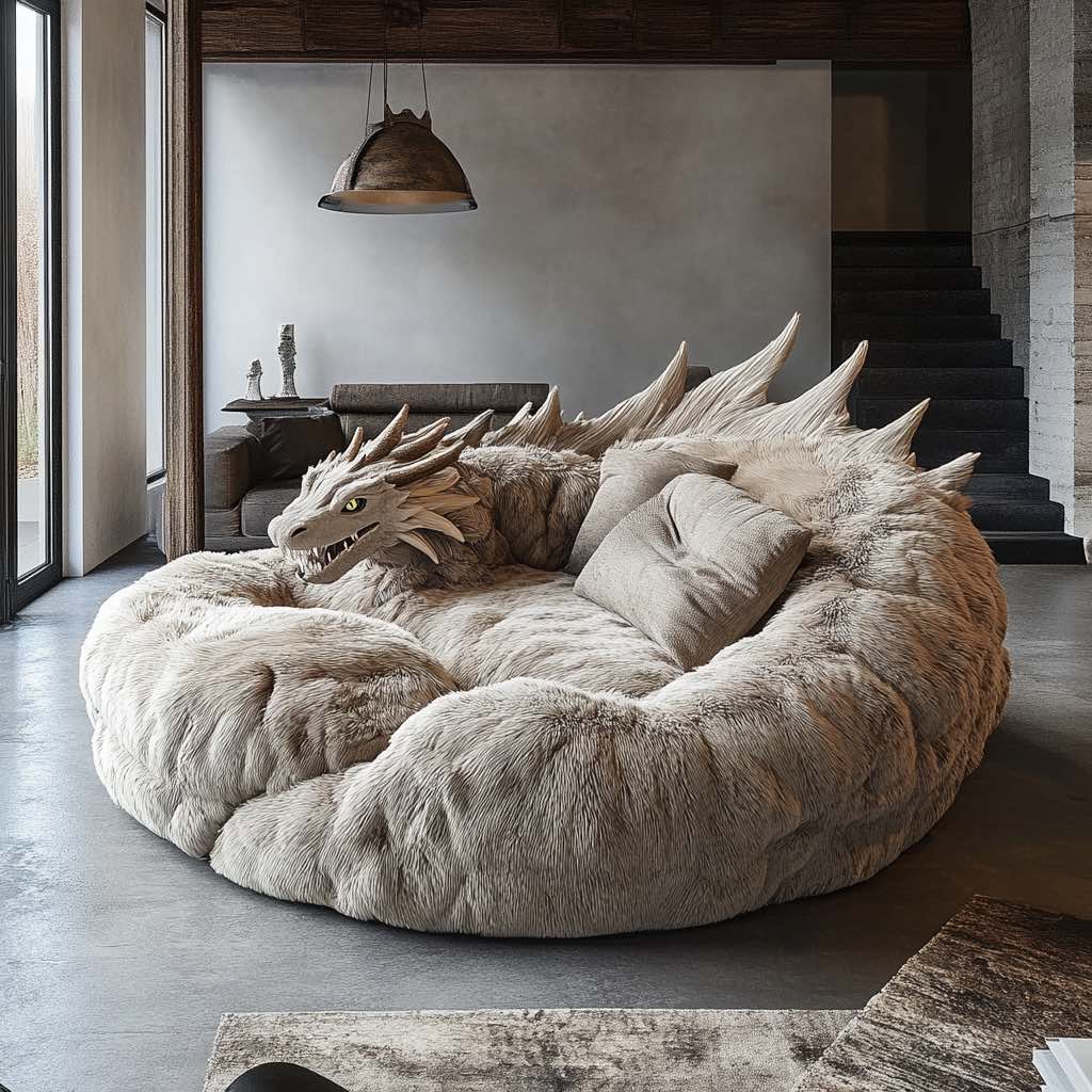 Ivory-coloured dragon-shaped sofa with spiked back design and plush cushions in a rustic lounge area. 