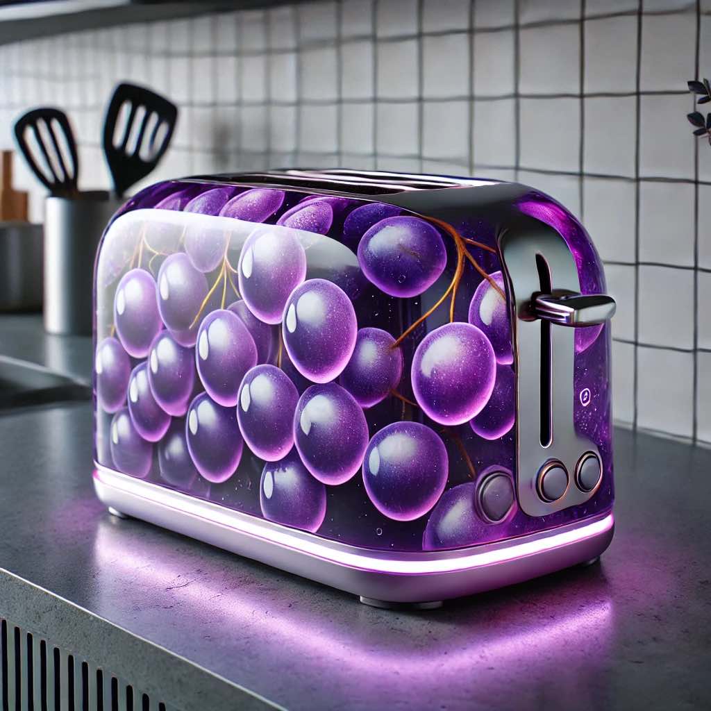 A sleek purple toaster with grape cluster prints and glowing accents on a stylish kitchen counter.