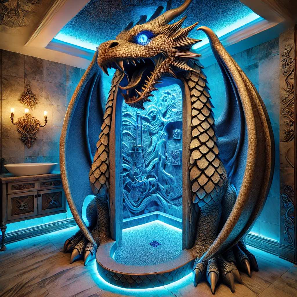 A luxurious blue dragon-themed shower with glowing eyes, golden details, and soft ambient lighting.