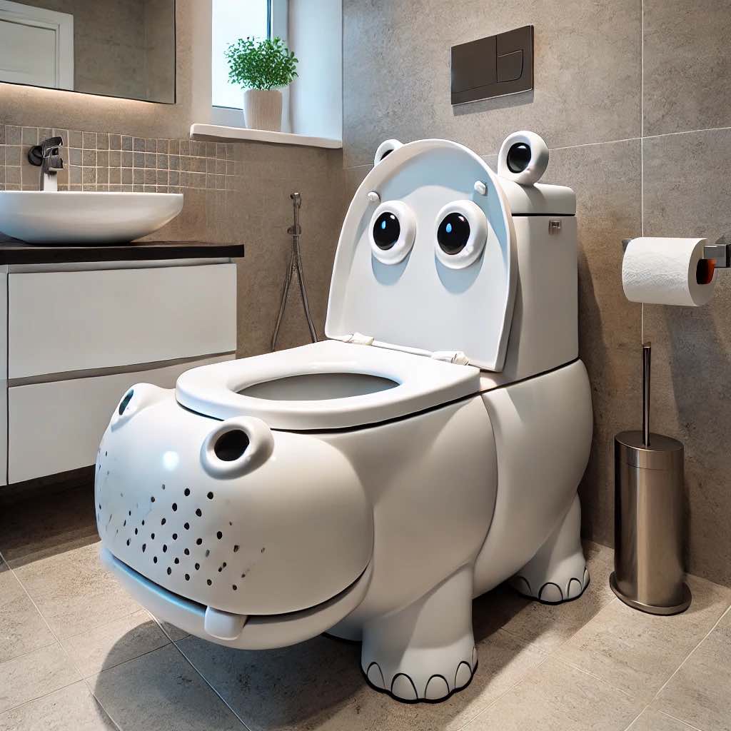A sleek white hippo-themed toilet with subtle playful features in a contemporary bathroom.