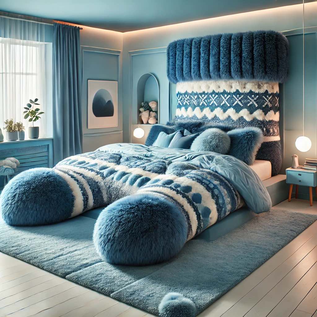 Fluffy and knitted bed with blue and white patterns in a stylish bedroom setting.