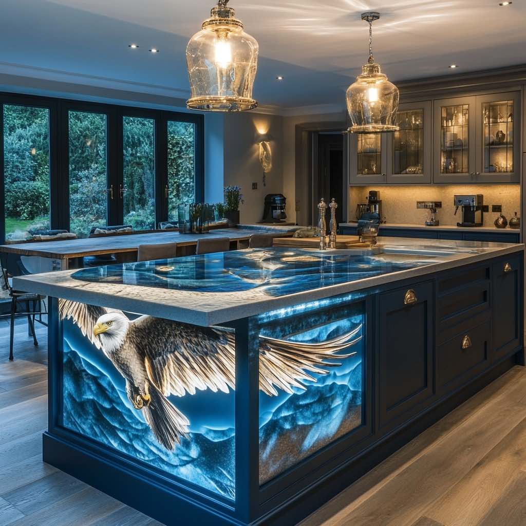 Modern kitchen island featuring a blue eagle design with LED accents, adding sophistication and style.