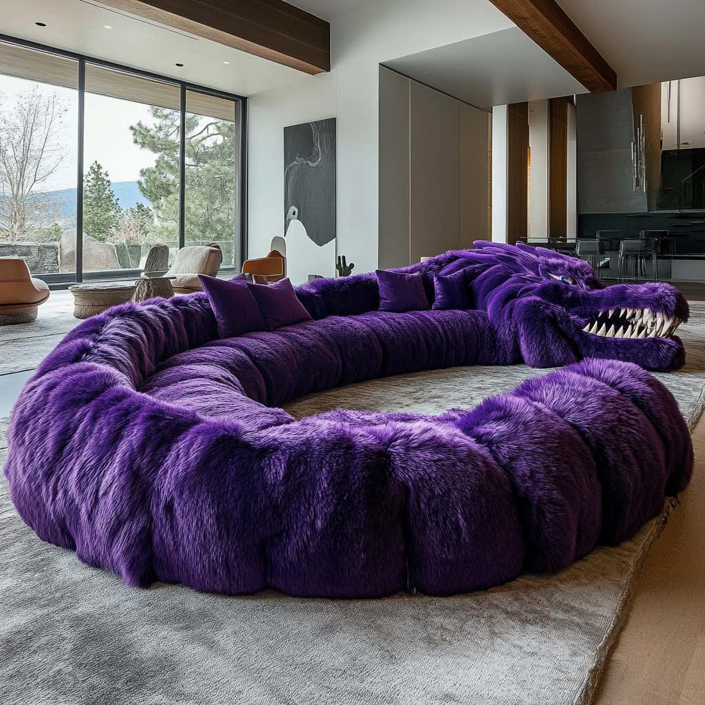 Luxurious purple dragon sofa with a circular design and fierce dragon head in a contemporary open-plan space.