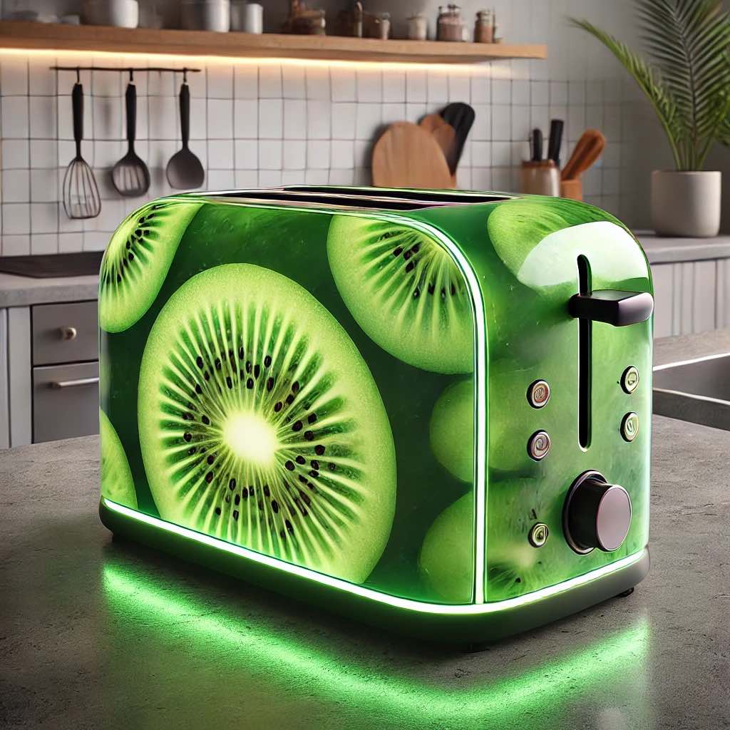 A lush green toaster with detailed kiwi slice patterns and glowing accents in a modern kitchen setting. 