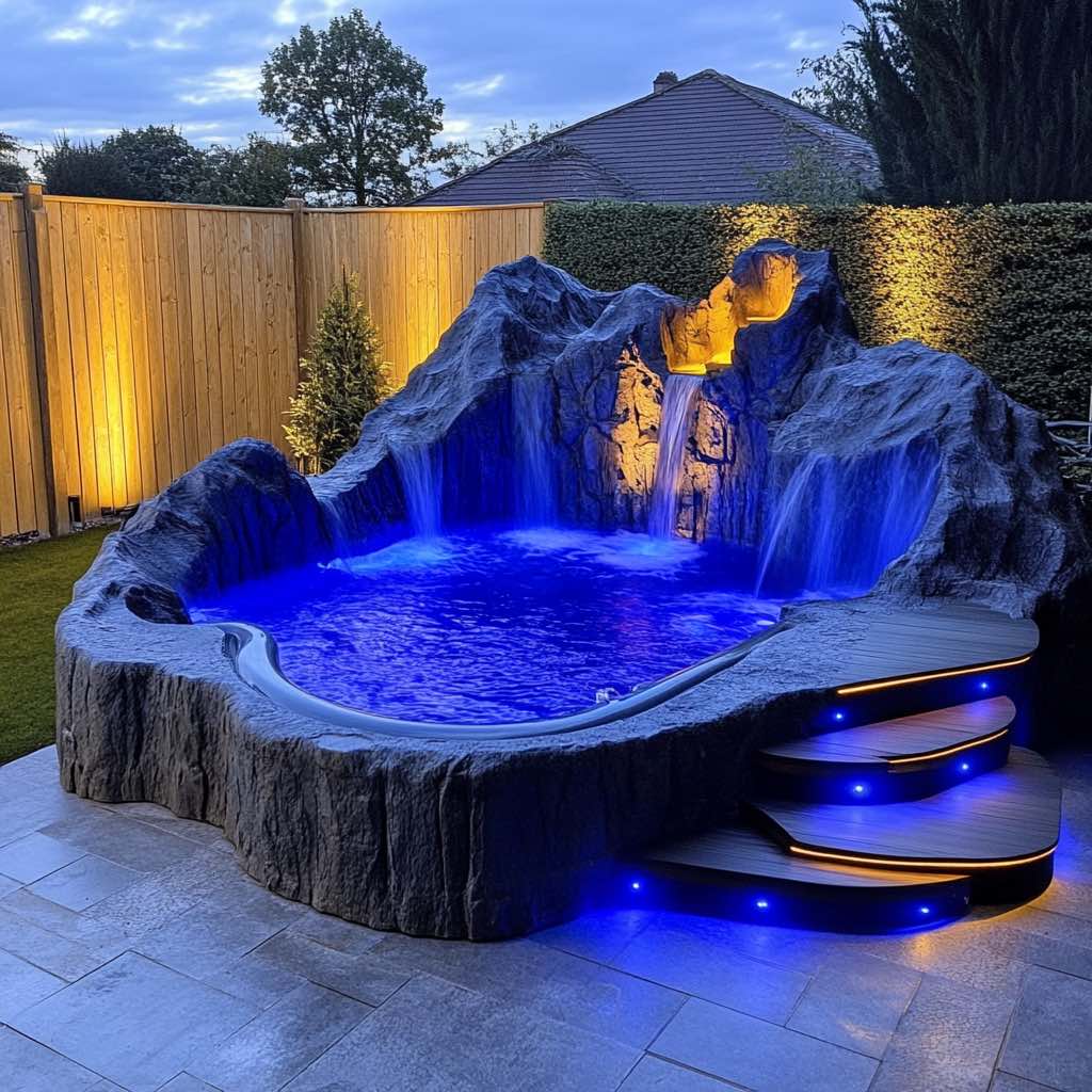 Luxury garden spa with blue LED lighting, sleek design, and cascading waterfalls for ultimate relaxation.
