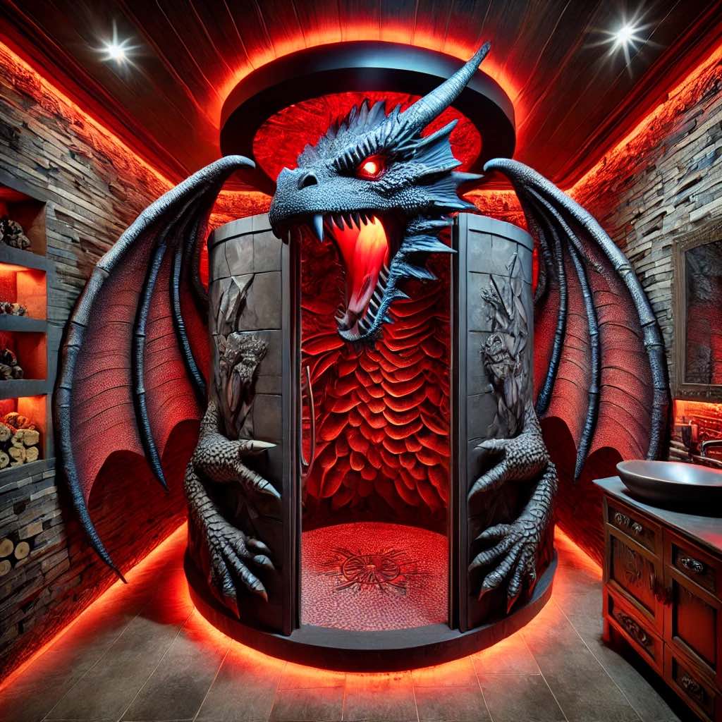 A fiery red dragon-themed shower with glowing eyes, bold dragon features, and intricate scale patterns.