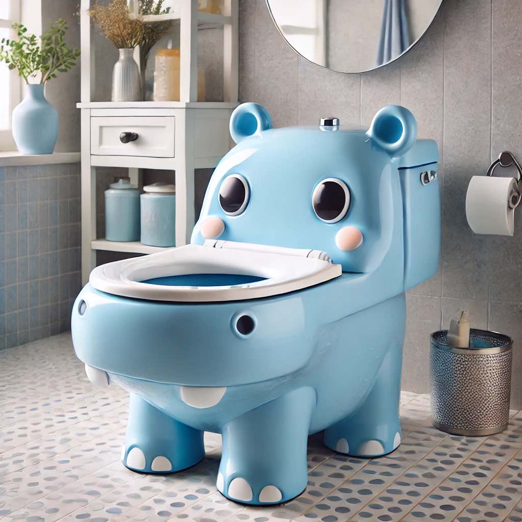 A light blue hippo-themed toilet with charming details in a bright, stylish bathroom.