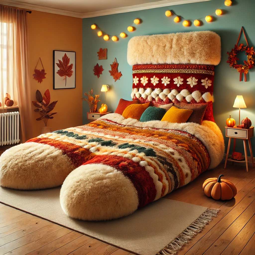 Knitted and fluffy bed with warm autumn colours and decorative pumpkins in a seasonal bedroom design.