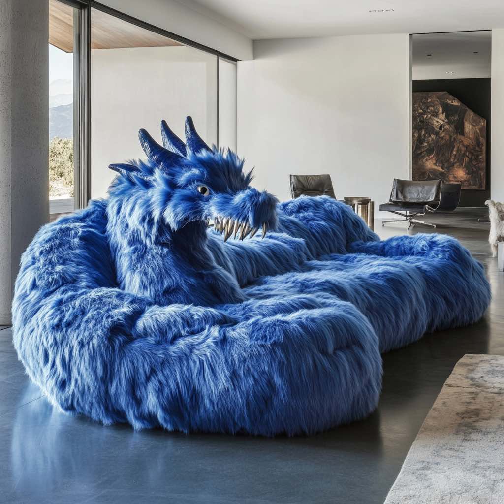 Plush blue dragon-shaped sofa with faux fur texture and sharp teeth in a modern living room.