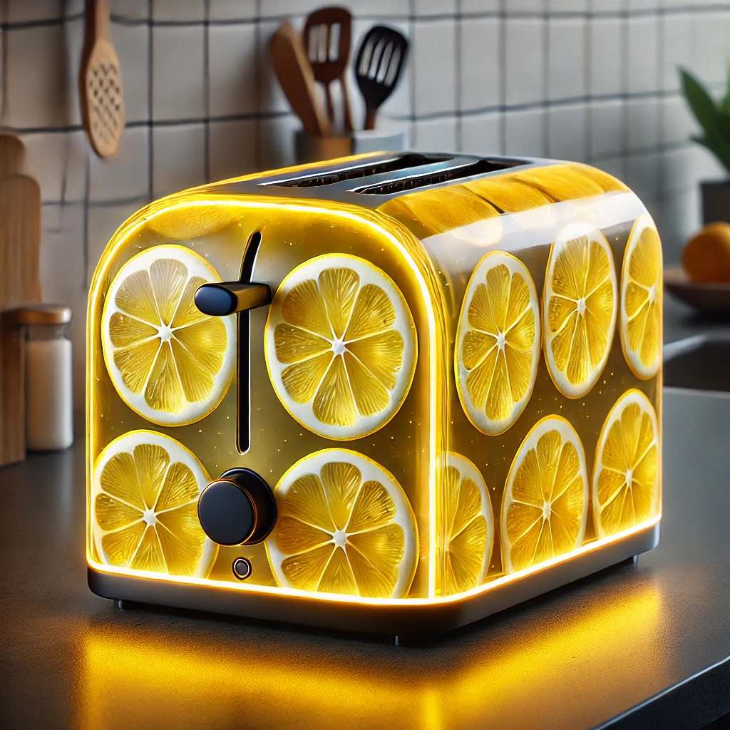 A refreshing yellow toaster with lemon slice designs and glowing accents on a sleek kitchen countertop.