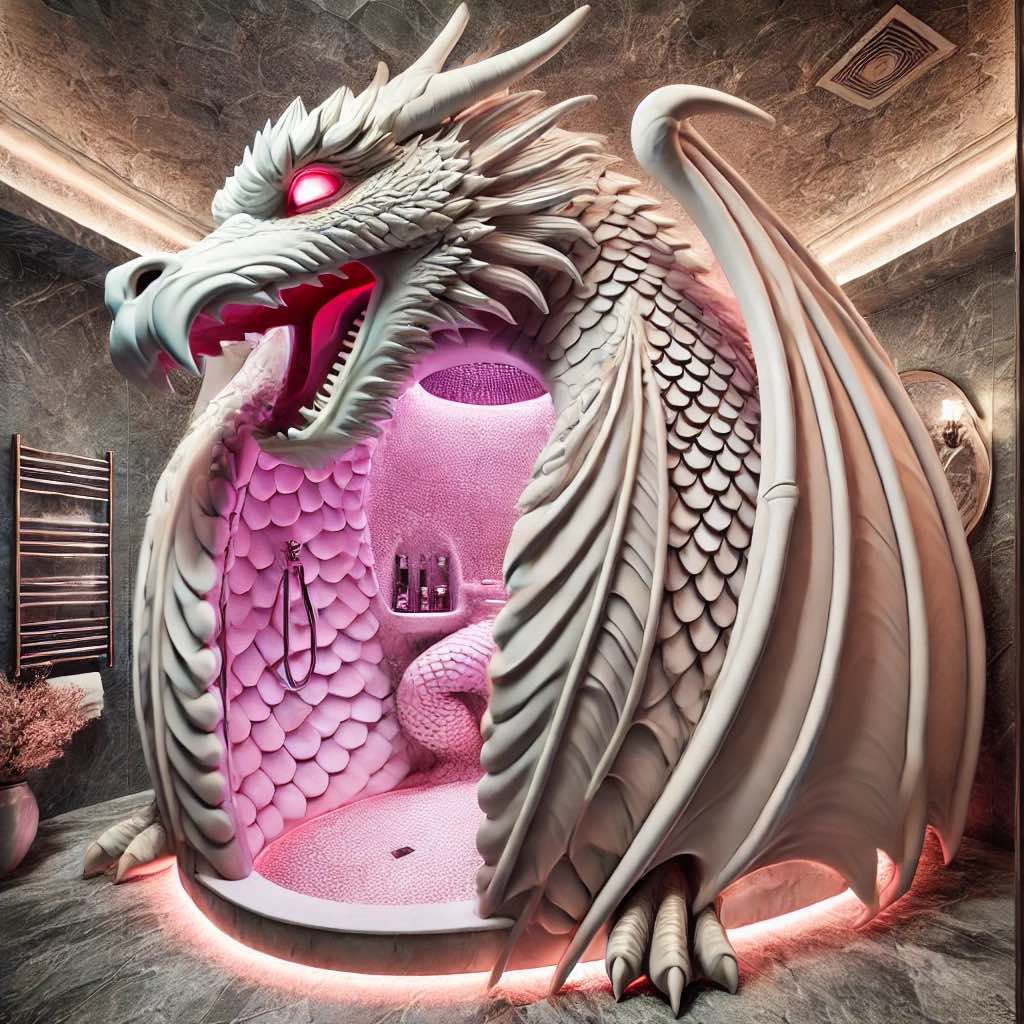A soft pink dragon-themed shower with pearl-like finishes and delicate lighting for a serene, spa-like experience.