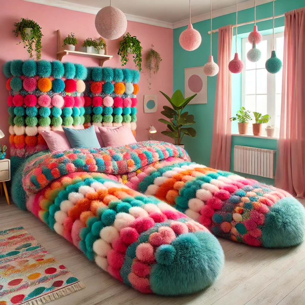 Multicoloured pom-pom knitted bed with pastel tones and plush textures in a playful bedroom setting. 