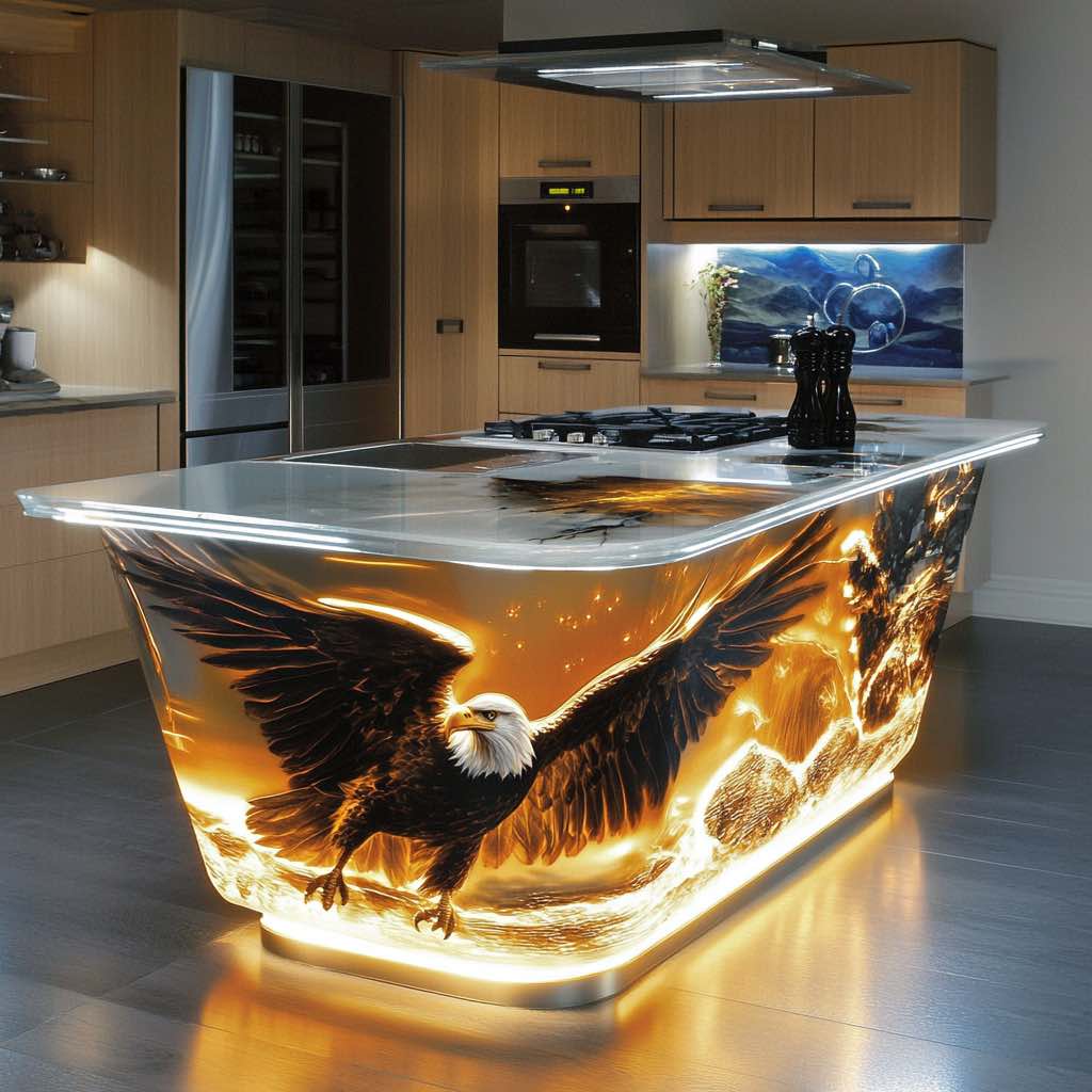 A sleek kitchen island with a glowing eagle motif, combining modern aesthetics and ambient lighting.