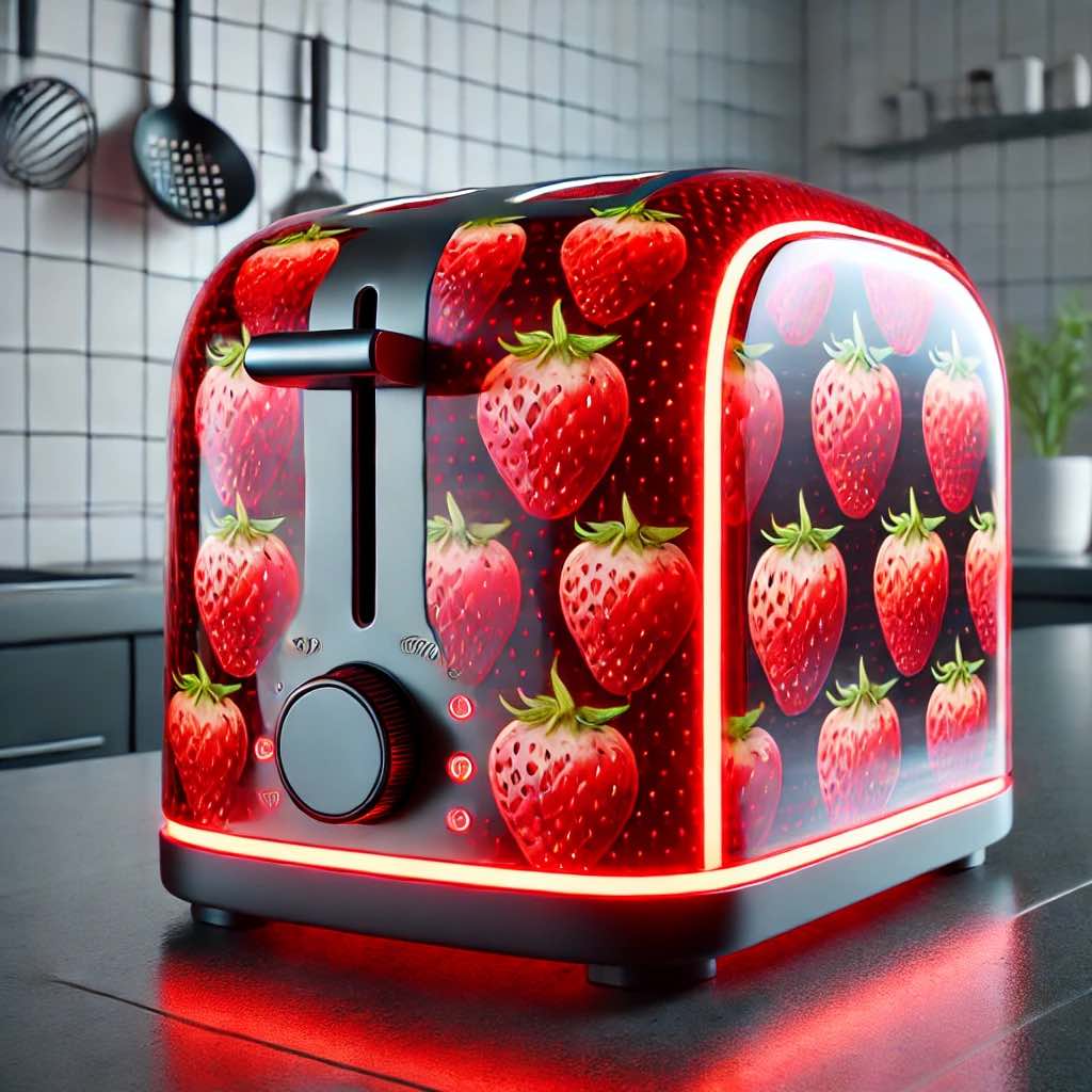 A cheerful red toaster with strawberry patterns and glowing accents in a bright, welcoming kitchen.